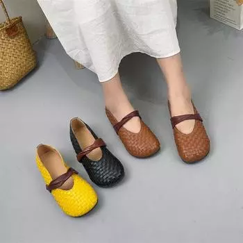 Johnature/Женские слипоны из натуральной кожи ручной работы в стиле ретро с мелким круглым носком на мягкой подошве и плоской подошвой 35 чёрный