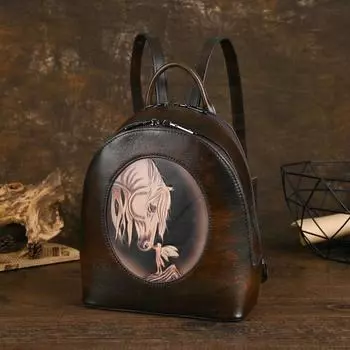 Johnature Натуральная кожа Женские сумки Животный принт Рюкзак Ретро коровья кожа Большая вместимость Студенческие рюкзаки чёрный