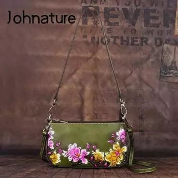 Johnature женские сумки на плечо, маленькая сумка ручной работы из тисненой коровьей кожи в стиле ретро, женские сумки с цветочным принтом чёрный