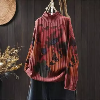 Johnature Женские свитера-пуловеры с цветочным принтом Зимние вязаные повседневные женские свободные свитера One Size зелёный