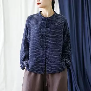 Johnature женские темно-синие рубашки в китайском стиле, топы с длинными рукавами и осенними блузками, винтажные женские рубашки на пуговицах