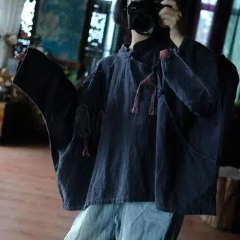 Johnature Женские темно-синие винтажные рубашки, топы, блузки с длинным рукавом, осенняя рубашка в китайском стиле с рукавом «летучая мышь» One Size темно-синий