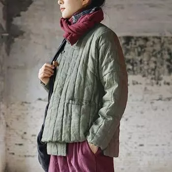 Johnature женские теплые льняные винтажные куртки с воротником-стойкой весенние однотонные утепленные парки Feamle