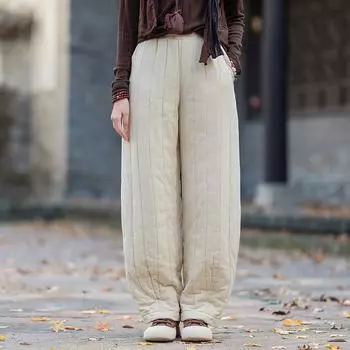 Johnature Женские теплые прямые брюки с эластичной талией, однотонные брюки, зимние повседневные длинные брюки One Size бежевый