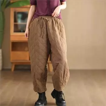 Johnature Женские теплые шаровары с эластичным поясом, однотонные повседневные брюки, зимние свободные женские длинные брюки L чёрный