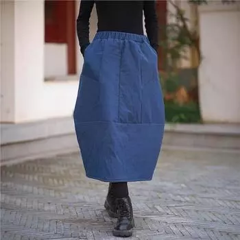Johnature Женские теплые юбки А-силуэта с эластичной талией, однотонные зимние свободные юбки с карманами в стиле пэчворк One Size темно-синий