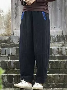 Johnature женские теплые зимние прямые брюки из хлопка и льна винтажные брюки с эластичной резинкой на талии однотонные лоскутные брюки с карманами One Size серый