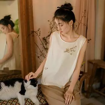 Johnature женские топы на бретелях с цветочной вышивкой и круглым вырезом, однотонные летние мягкие женские топы в китайском стиле XL фиолетовый