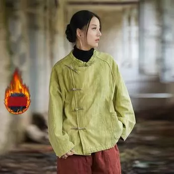 Johnature Женские топы в китайском стиле с длинным рукавом и пуговицами на зиму в винтажном стиле для женщин One Size жёлтый