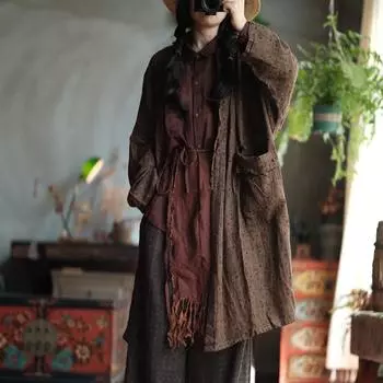 Johnature Женский винтажный принт Цветочный тренчкот Лоскутные карманы Осенний китайский стиль Хлопок Женщины Длинный тренч One Size