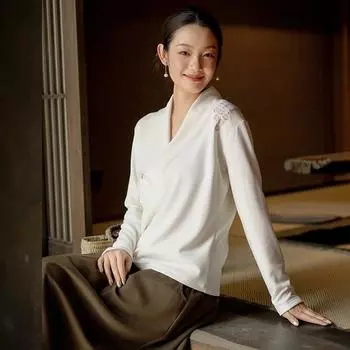 Johnature Женские трикотажные рубашки в китайском стиле, топы с V-образным вырезом, длинным рукавом, вышитые цветочные осенние блузки с мягкими пуговицами M темный кофе