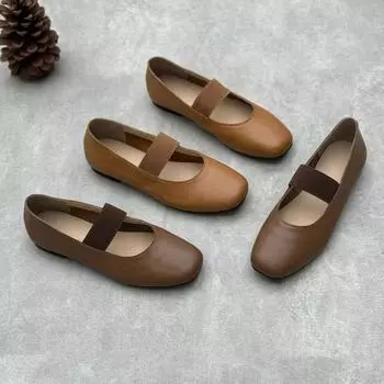 Johnature/женские туфли без шнуровки из натуральной кожи на мягкой подошве, однотонные женские слипоны с квадратным носком и эластичной лентой 38 кофейный