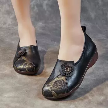 Johnature/женские туфли без шнуровки из натуральной кожи в этническом стиле с принтом в стиле ретро, туфли ручной работы на мягкой подошве на плоской подошве 40 кофейный