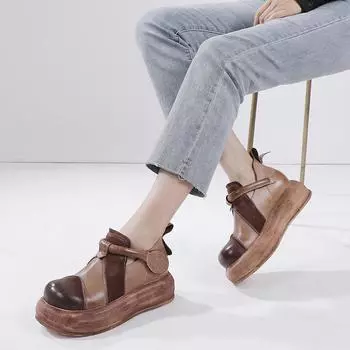 Женские туфли на плоской платформе из натуральной кожи Johnature, универсальные винтажные туфли с круглым носком и толстой подошвой 34 чёрный