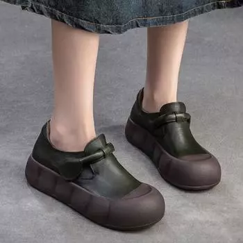 Johnature Retro Толстая подошва Натуральная кожа Женские туфли Круглый носок Универсальные женские туфли на плоской платформе 35 чёрный
