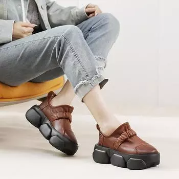 Johnature Женские туфли из натуральной кожи на плоской платформе, универсальные, с круглым носком, дышащие, на толстой подошве 36 чёрный