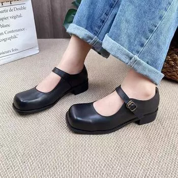 Johnature, женские туфли-лодочки из натуральной кожи с квадратным носком, однотонные туфли из коровьей кожи в стиле ретро с пряжкой и ремешком 35 тёмно-рыжий