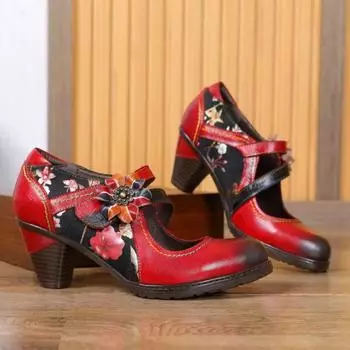 Johnature/женские туфли-лодочки из натуральной кожи в стиле ретро с цветочным принтом, женская обувь красного цвета на высоком каблуке в этническом стиле, женская обувь ручной работы с круглым носком 36 синий