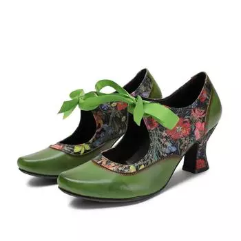 Женские туфли-лодочки Johnature Ethnic Style Green Printed High Heels из натуральной кожи с острым носком и кружевной завязкой 36 зелёный