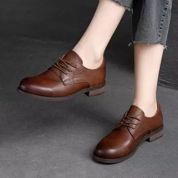 Johnature/женские туфли-лодочки из натуральной кожи в британском стиле, однотонные туфли ручной работы с круглым носком в стиле ретро на низком каблуке 35 абрикосовый