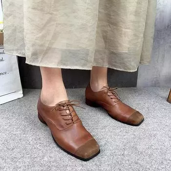 Johnature, женские туфли-лодочки из натуральной кожи на шнуровке, удобные туфли на низком каблуке с мягкой подошвой в стиле ретро и квадратным носком 38 коричневый