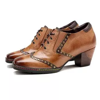 Johnature женские туфли-лодочки из натуральной кожи, винтажные туфли на высоком толстом каблуке с ручной росписью и заклепками на толстом каблуке со шнуровкой 36 коричневый