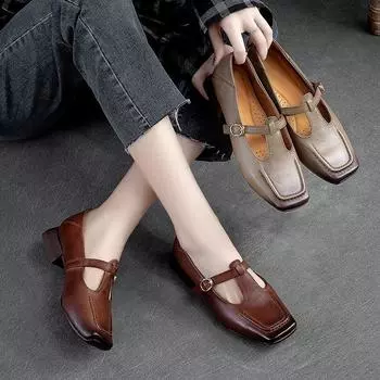 Johnature Женские туфли на низком каблуке из натуральной кожи в стиле ретро, однотонные универсальные туфли-лодочки с квадратным носком 35 коричневый