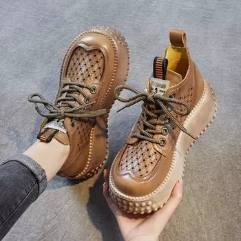 Johnature/женские туфли на плоской платформе со шнуровкой из натуральной кожи, удобные дышащие сандалии в стиле ретро с круглым носком и открытым носком 35 зелёный