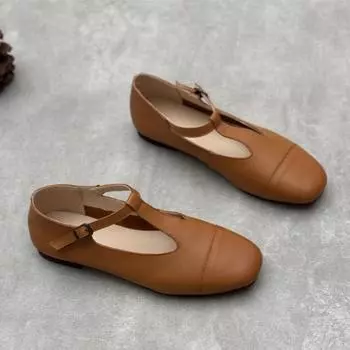 Johnature Genuine Leather Square Toe Women s Flats Shoes Handmade Cowhide Buckle Strap Solid Color Soft Sole Shoes 35 бежевый