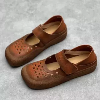 Johnature, женские туфли на плоской подошве из натуральной кожи ручной работы с квадратным носком, полые сандалии из воловьей кожи 35 бежевый