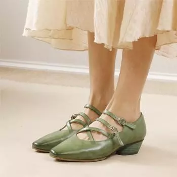 Johnature Женские туфли на среднем каблуке во французском стиле, полностью из натуральной кожи, с перекрестными пряжками, с неглубоким острым носком 35 чёрный