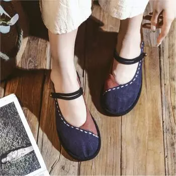 Johnature/Женские туфли ручной работы из хлопчатобумажной ткани на плоской подошве с пряжкой и ремешком, дышащая тканевая обувь с круглым носком на мягкой подошве 40 синий