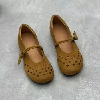 Johnature/женские туфли ручной работы из натуральной кожи на плоской подошве с круглым носком в стиле ретро, мягкие сандалии из воловьей кожи 35 коричневый