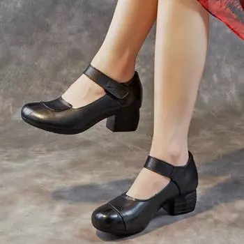 Johnature Женские туфли в стиле ретро на толстом каблуке с мягкой подошвой, универсальные туфли-лодочки из натуральной кожи однотонного цвета 35 коричневый