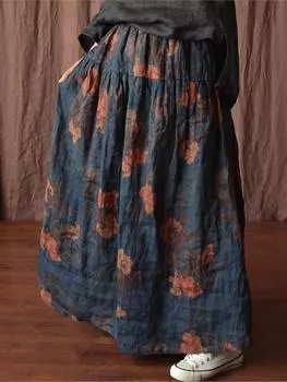 Johnature женские юбки рами с цветочным принтом и эластичной резинкой на талии, одежда высокого качества, летние лоскутные свободные повседневные юбки One Size чёрный