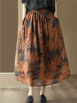 Johnature женские юбки с цветочным принтом Ramie, одежда с эластичной резинкой на талии, осенние винтажные женские юбки трапециевидной формы One Size