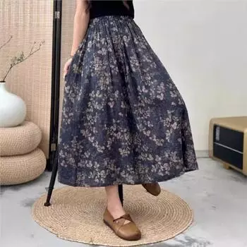 Johnature Женские юбки с винтажным принтом и цветочным принтом, эластичная резинка на талии, двойные хлопковые ткани, летние юбки А-силуэта в китайском стиле One Size