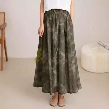 Johnature женские юбки в китайском стиле с эластичной резинкой на талии и цветочным принтом, летние женские винтажные юбки трапециевидной формы Ramie One Size кофейный