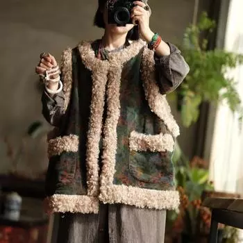 Johnature Женские вельветовые пальто с цветочным принтом, без рукавов, с круглым вырезом, лоскутные ткани, зимние теплые карманы, пальто One Size