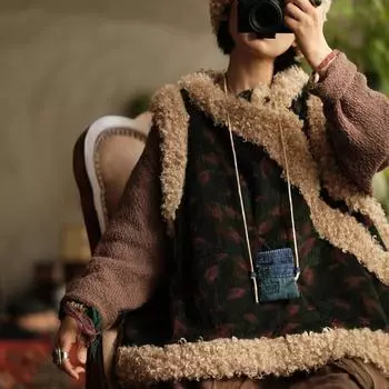 Johnature Женские вельветовые пальто в китайском стиле с цветочным принтом, шерстяной пэчворк, теплые, весенние, с V-образным вырезом, винтажные пальто One Size