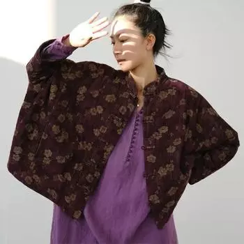 Johnature женские вельветовые парки с рукавами «летучая мышь» с цветочным принтом, зимние пальто, теплая одежда на пуговицах со стойкой, зимние женские винтажные парки One Size темно-синий