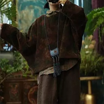 Johnature женские вельветовые парки с винтажным принтом и цветочным принтом, зимние пуловеры с круглым вырезом и длинными рукавами, плюс хлопковые женские парки One Size темно-коричневого