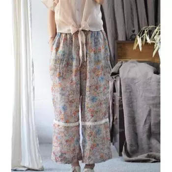 Johnature Женские весенние модные кружевные брюки с принтом, нишевые винтажные свободные повседневные брюки с эластичной резинкой на талии
