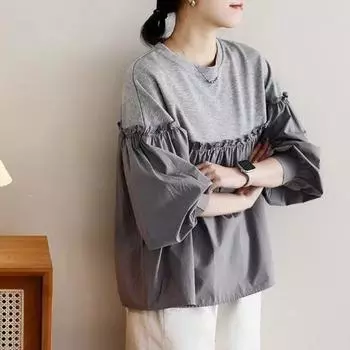 Johnature Женские весенние повседневные футболки в стиле пэчворк с круглым вырезом и рукавами-фонариками в корейском стиле, мягкие женские футболки One Size серый