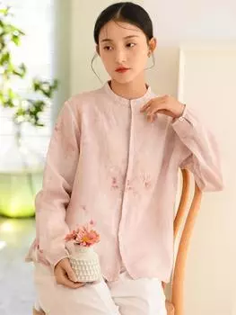 Johnature женские весенние рубашки Ramie, топы с цветочным принтом, блузки с длинными рукавами и пуговицами, женские винтажные рубашки высокого качества S светло-зеленый