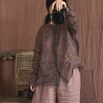 Johnature женские весенние рубашки с цветочным принтом, топы Ramie, блузки высокого качества с длинными рукавами и пуговицами, женские рубашки One Size кофейный