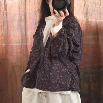 Johnature женские весенние рубашки с v-образным вырезом и длинными рукавами, свободные женские блузки в китайском стиле с цветочным принтом и пуговицами One Size синий