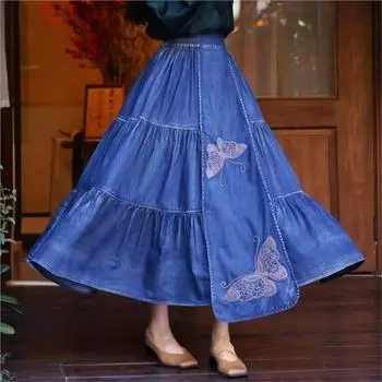 Johnature женские весенние юбки в китайском стиле с вышивкой бабочкой винтажные повседневные хлопковые юбки в стиле ретро M синий