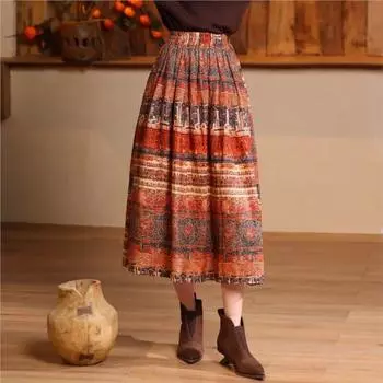 Johnature женские весенние винтажные стильные юбки с большим принтом и эластичной резинкой на талии, модные хлопковые юбки в китайском стиле M кофейный