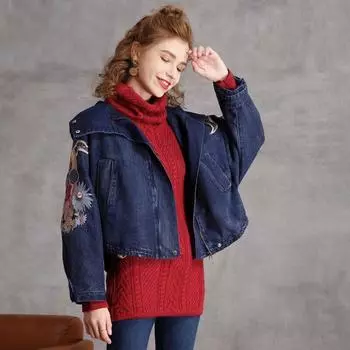 Johnature женские весенние женские куртки с капюшоном и вышивкой на молнии синие винтажные женские куртки